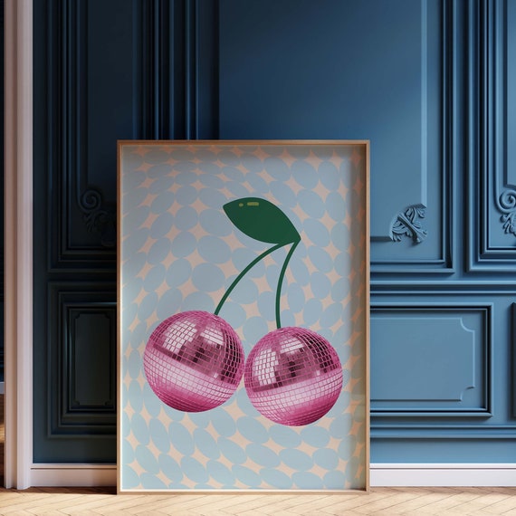 Disco Ball Print Retro Trendy Wall Art Cherries Preppy Dorm Poster Cherry