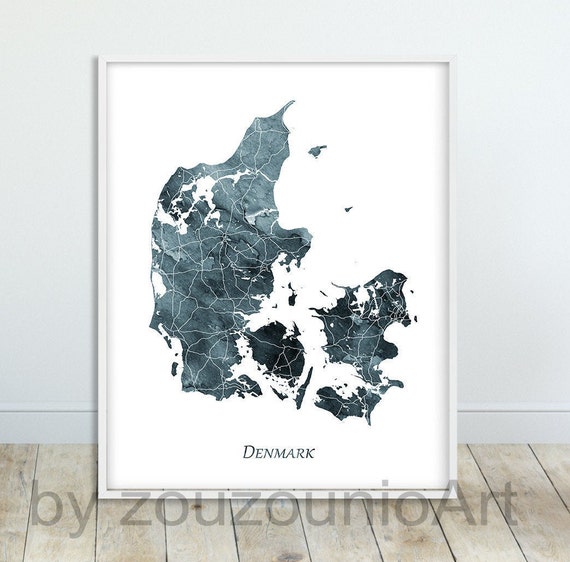 Denmark Map Art Print Poster Watercolor Indigo Blue Modern Wall Gift Home Office Decor
