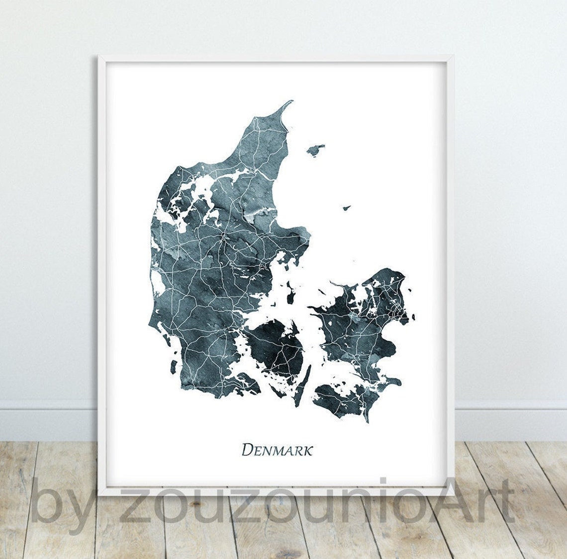 Denmark Map Indigo Blue Watercolor Country Outline Modern Art Print