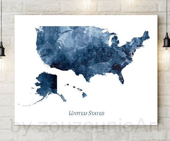 United States Map Art Print Usa Decor Wall Navy Blue Watercolor Poster Home Office