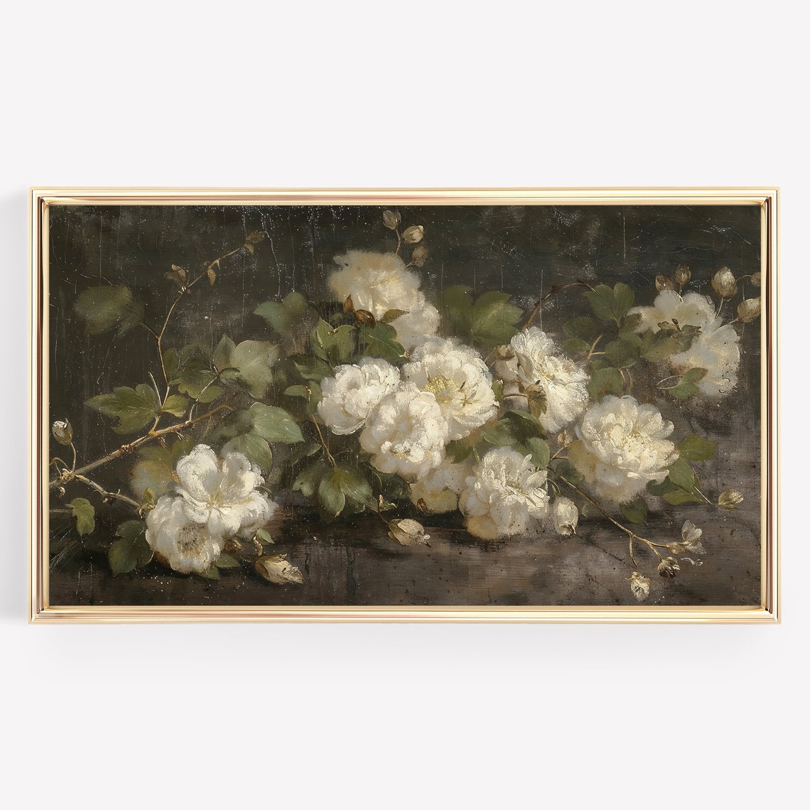 White Roses Moody Floral Painting Dark Romantic Bloom Wall Art - Image 4