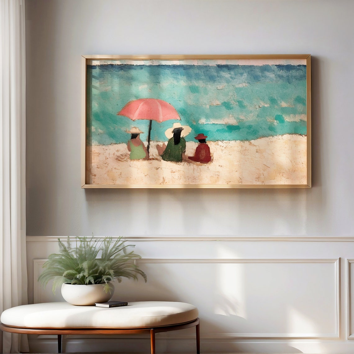 Three Friends at the Beach Pink Umbrella Turquoise Sea Poster - Image 4
