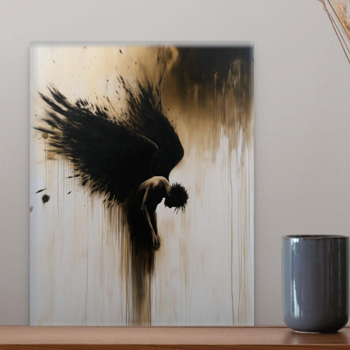 Ethereal Fallen Angel Black Wings Dark Gold Surrealist Art Poster