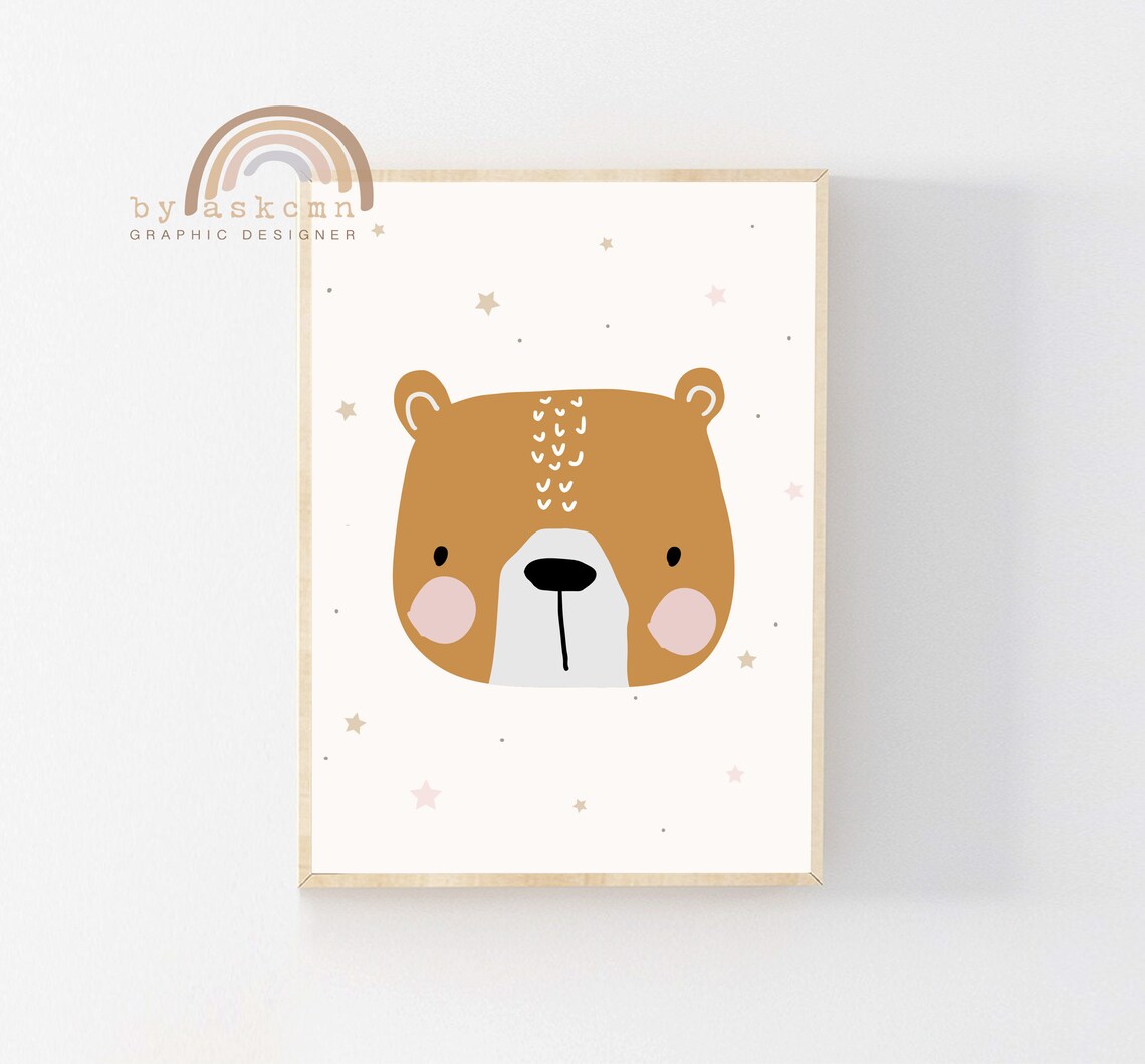 Cute Smiling Bear Cub In Red Knit Hat With Stars Nursery Poster - Image 3