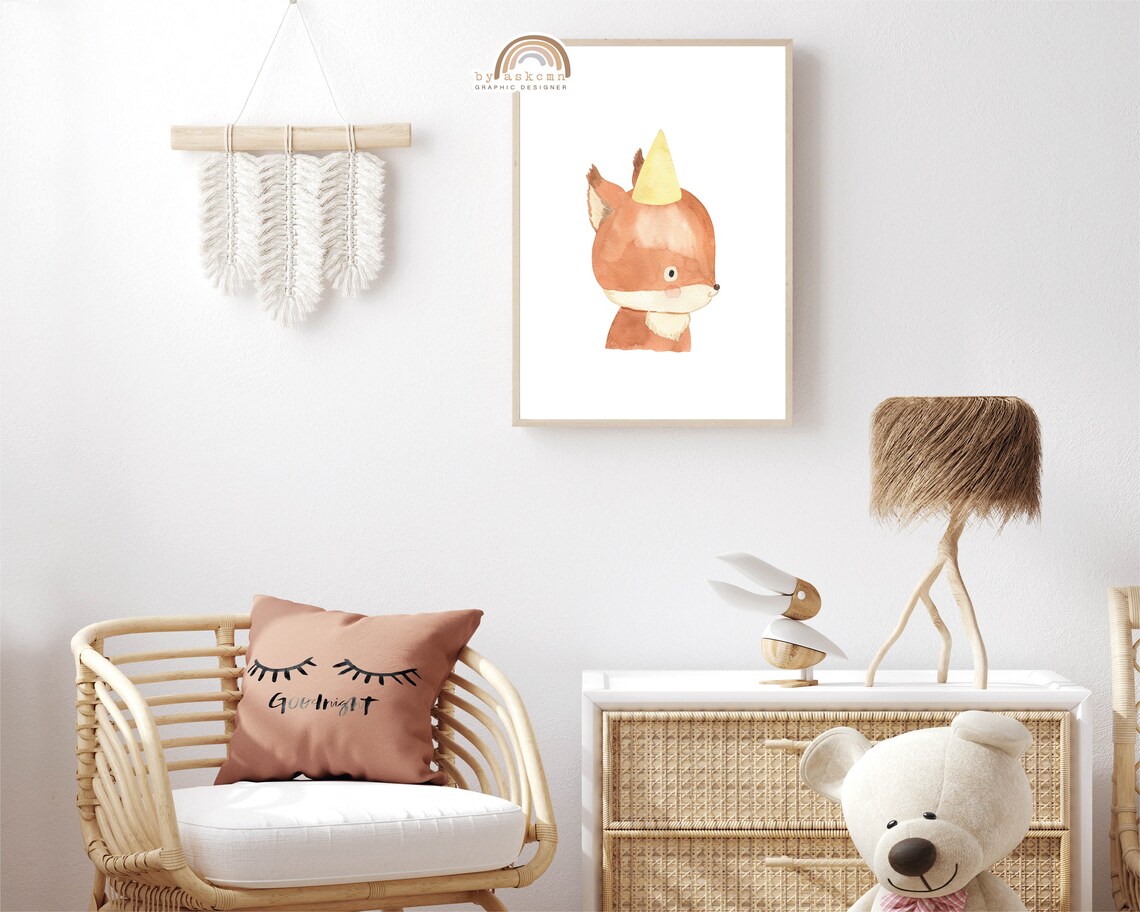 Cute Watercolor Baby Fox Poster with Yellow Party Hat Nursery Art - Image 5