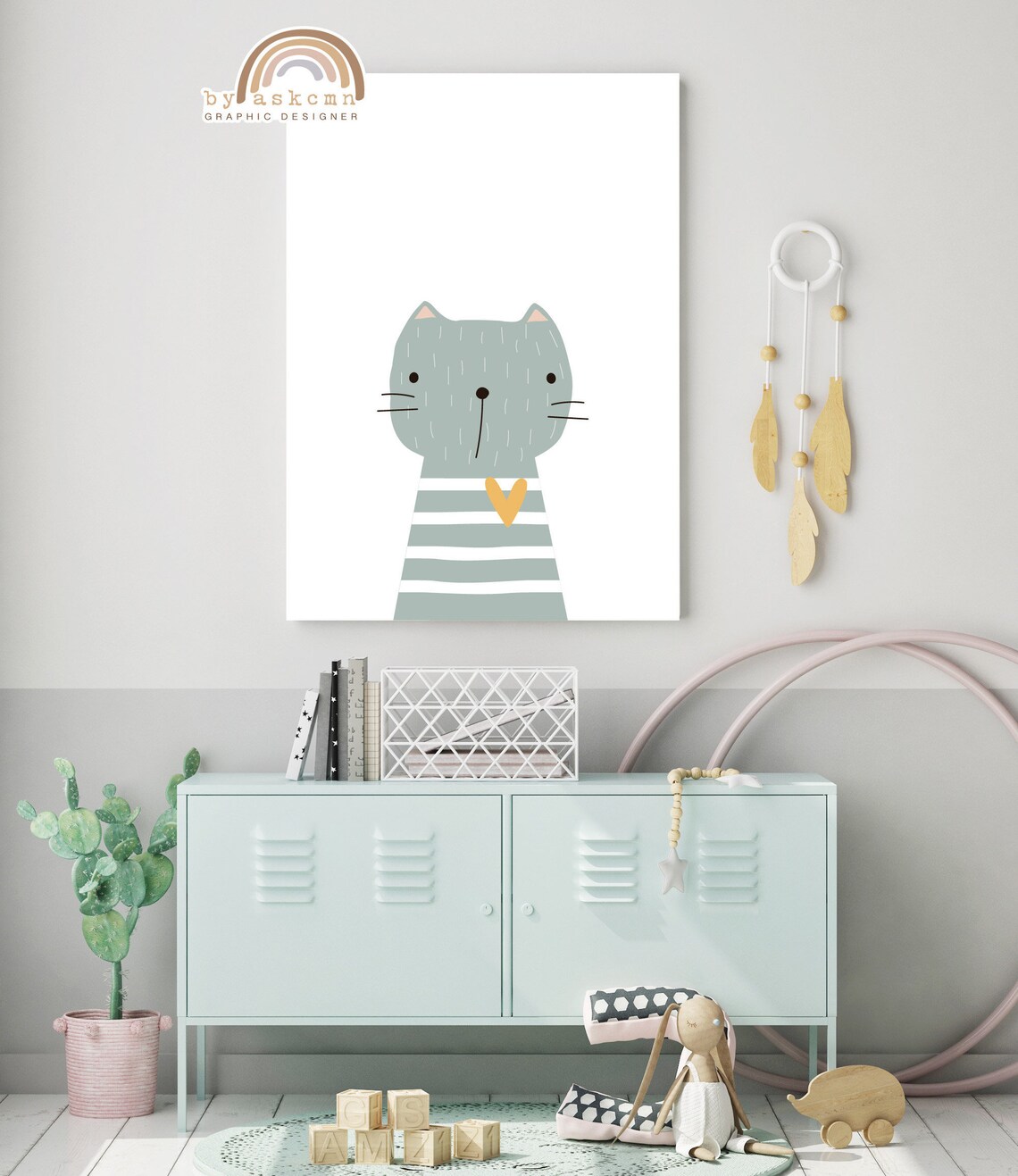 Cute Gray Cat With Striped Sweater And Heart Nursery Decor Poster - Image 2