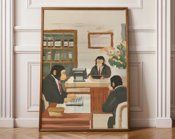 Vintage Monkey Office Painting Quirky Wall Art Retro Humor Fun Funny Print