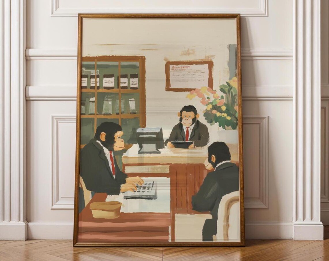 Monkeys In Suits Vintage Retro Office Humor Quirky Art Painting Poster