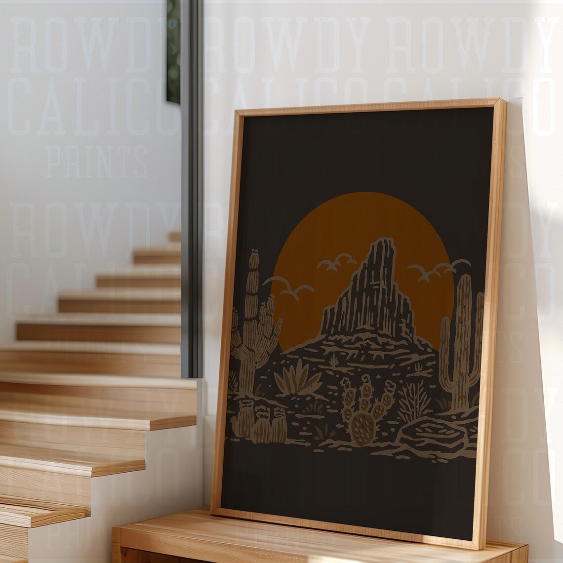 Desert Butte Orange Sun Cactus Night Scene Western Art Poster - Image 3