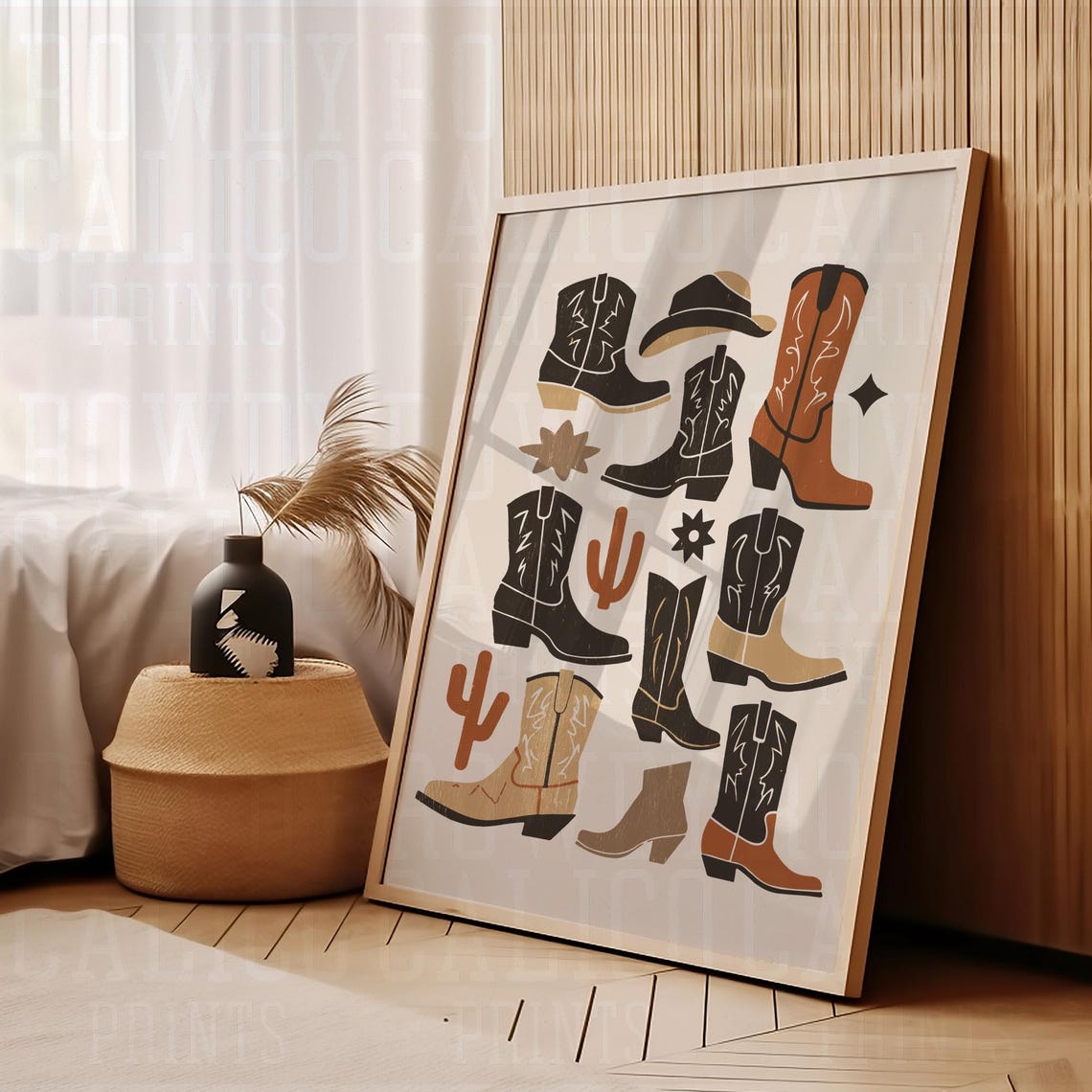Western Cowboy Boots Hat Cactus Collage Minimalist Tan Poster