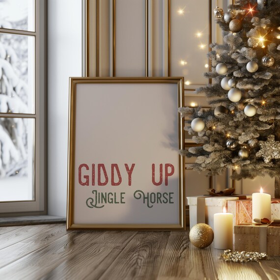 Giddy Up Jingle Horse Red Green Script Festive Western Christmas Poster