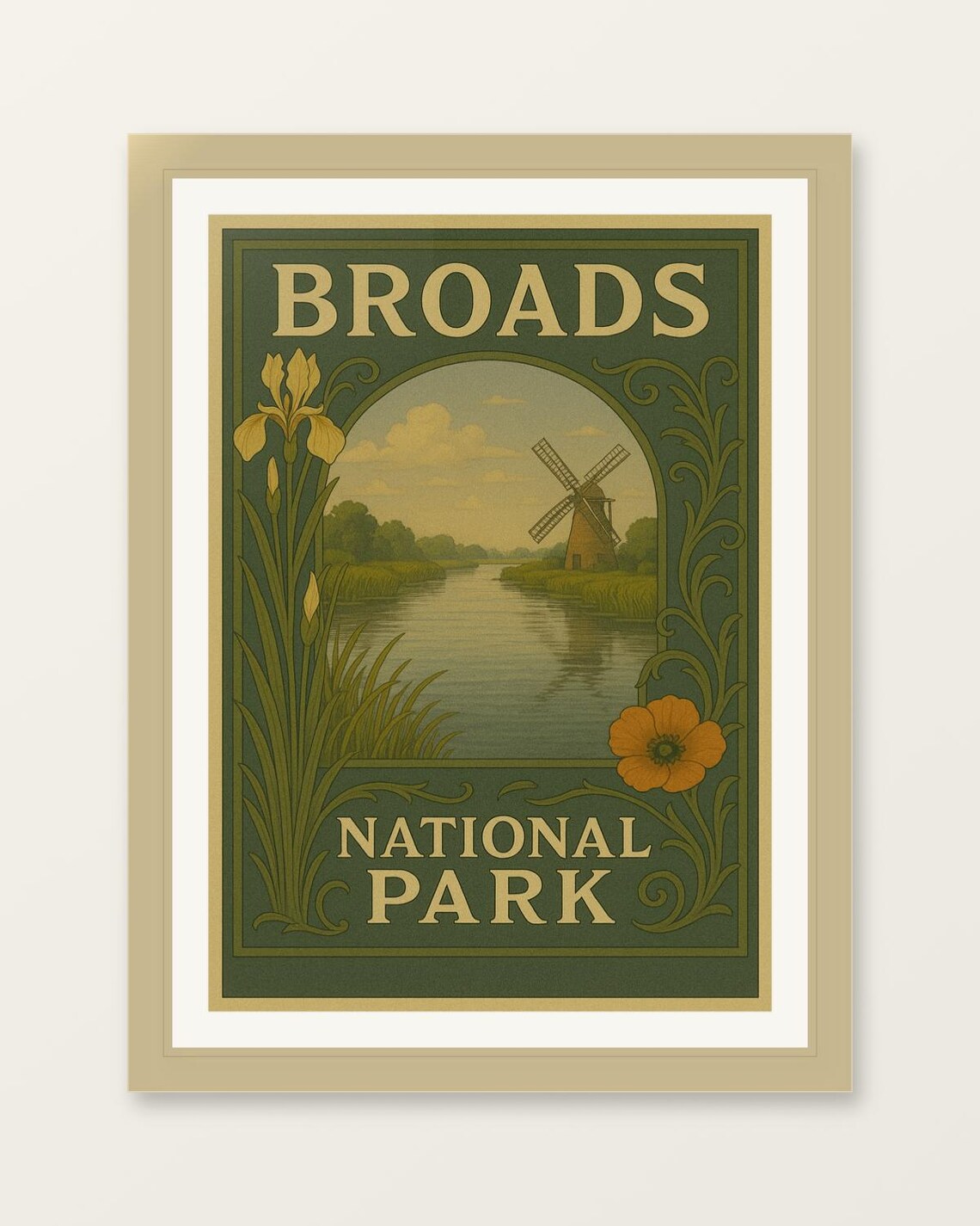 Broads National Park Vintage Style Travel Poster Windmill River Artwork