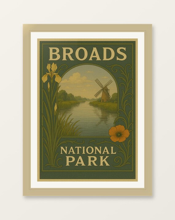 Broads National Park Vintage Style Travel Poster Windmill River Artwork