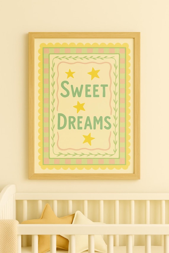 Sweet Dreams Green Stars Yellow Scallop Pastel Nursery Poster