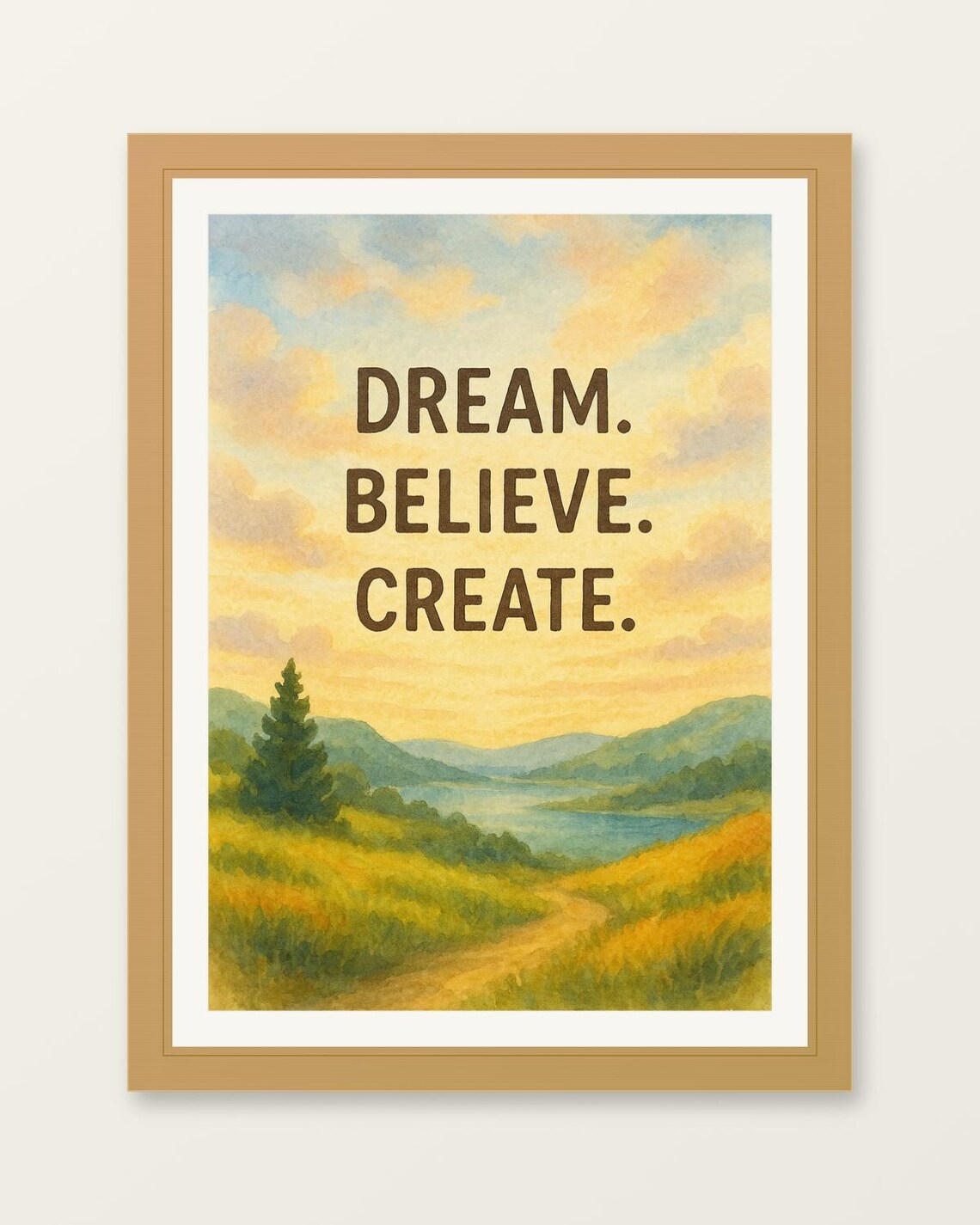 Dream Believe Create Watercolor Lake Hills Inspirational Poster