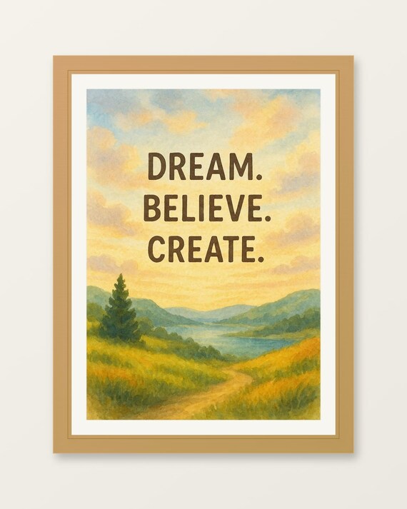 Dream Believe Create Watercolor Lake Hills Inspirational Poster