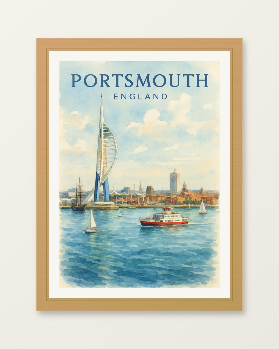 Portsmouth England Spinnaker Tower Harbor Watercolor Travel Poster