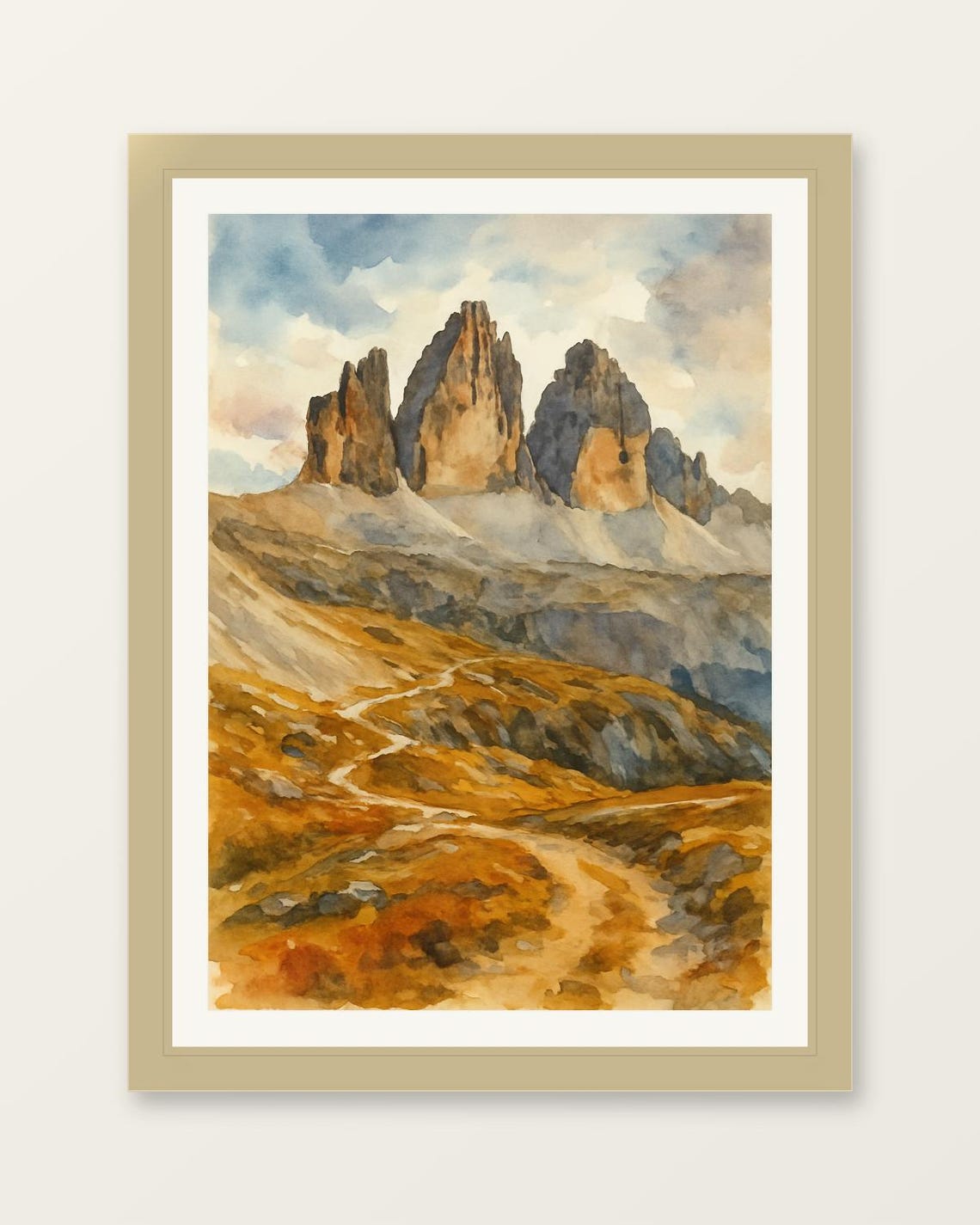 Three Jagged Mountain Peaks Watercolor Alpine Landscape Poster