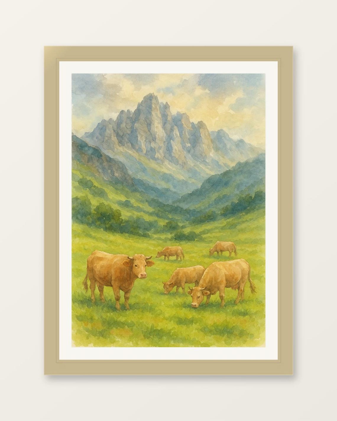 Pyrenees Meadow Cows Rocky Peaks Green Valley Watercolor Poster