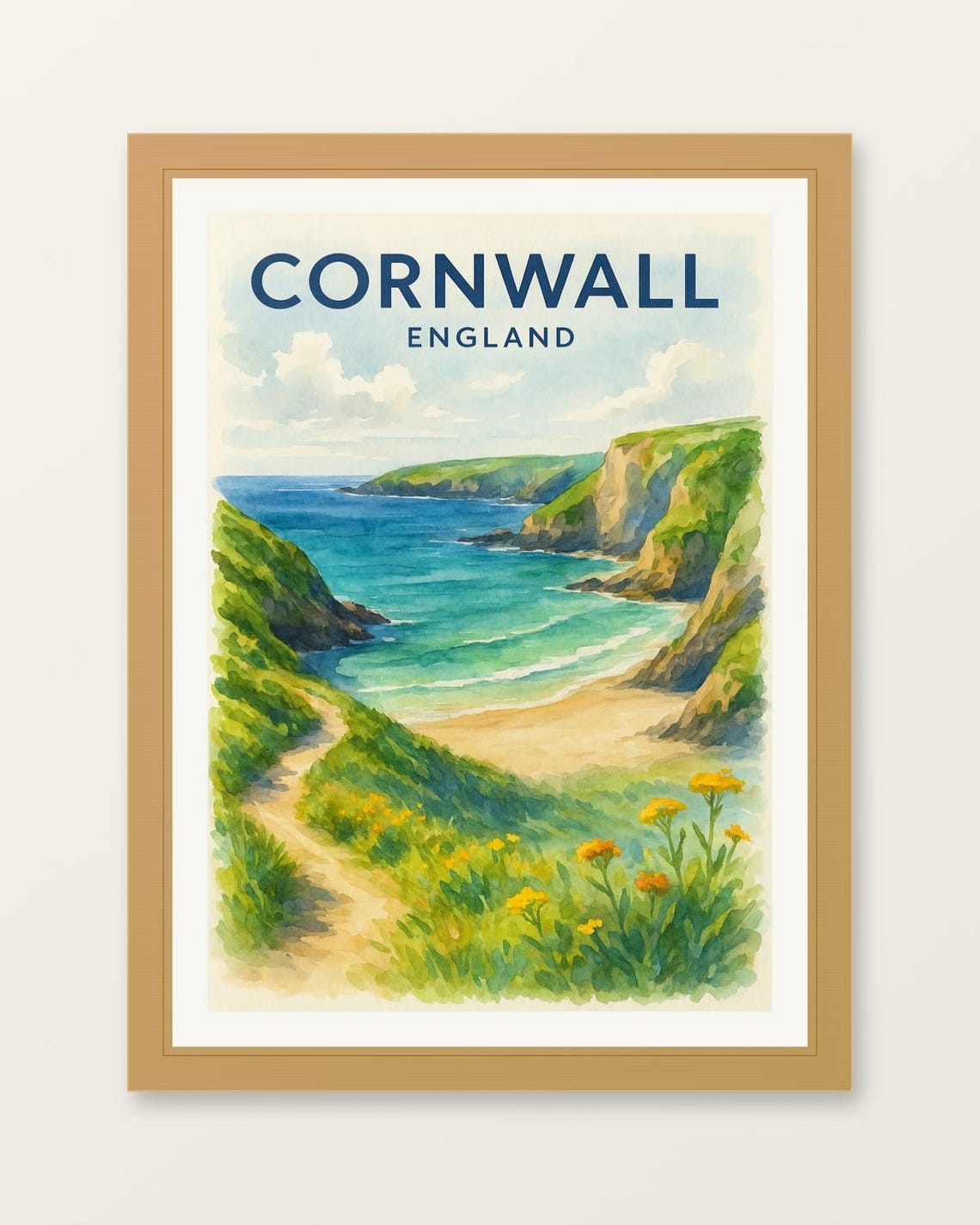Cornwall England Coastal Cliffs Beach Watercolor Travel Poster