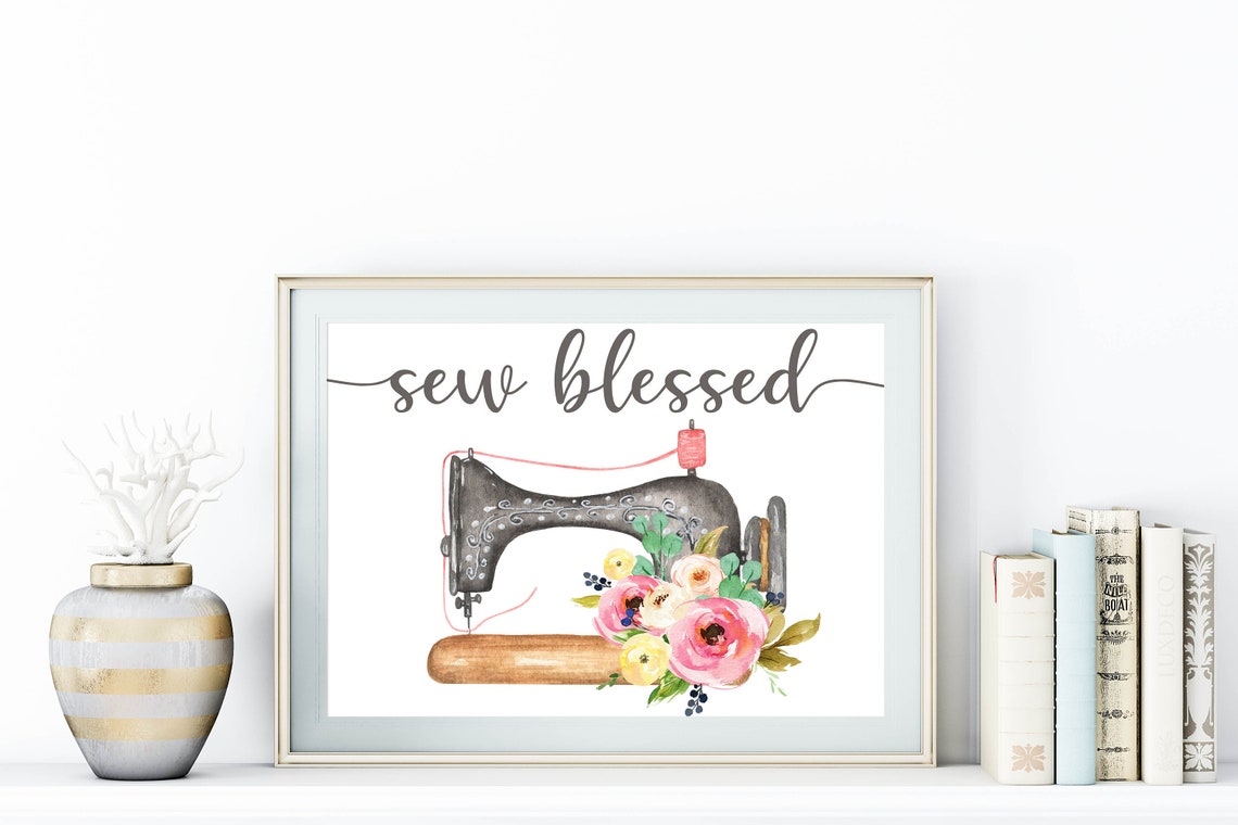 Sew Blessed Vintage Sewing Machine Floral Script Craft Wall Poster