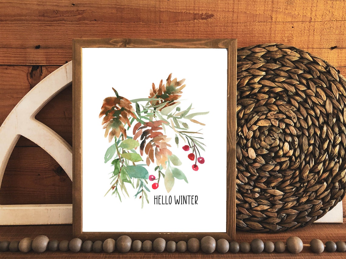 Hello Winter Pine Cone Eucalyptus Berry Watercolor Botanical Poster - Image 7