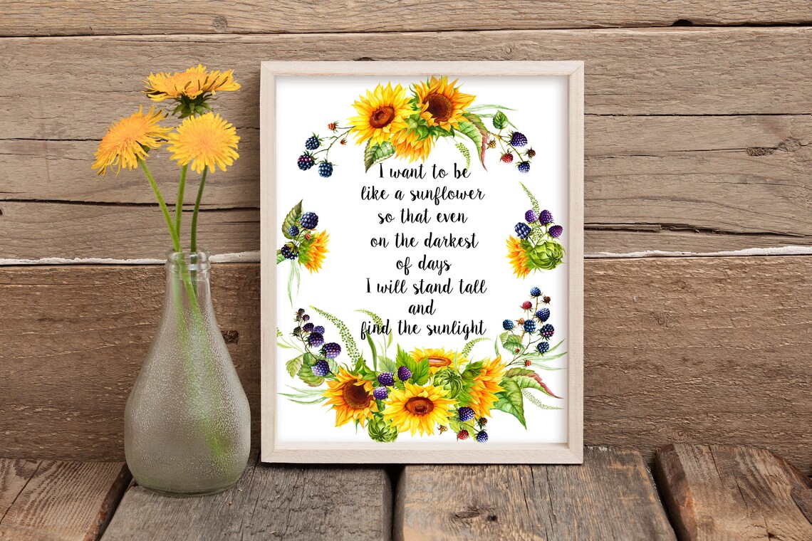 I Want To Be A Sunflower Quote 5x7 8x10 11x14 16x20 Print Sunflower Wreath Summer Berries Inspirational Quote Sign Sunflower Decor - Image 2