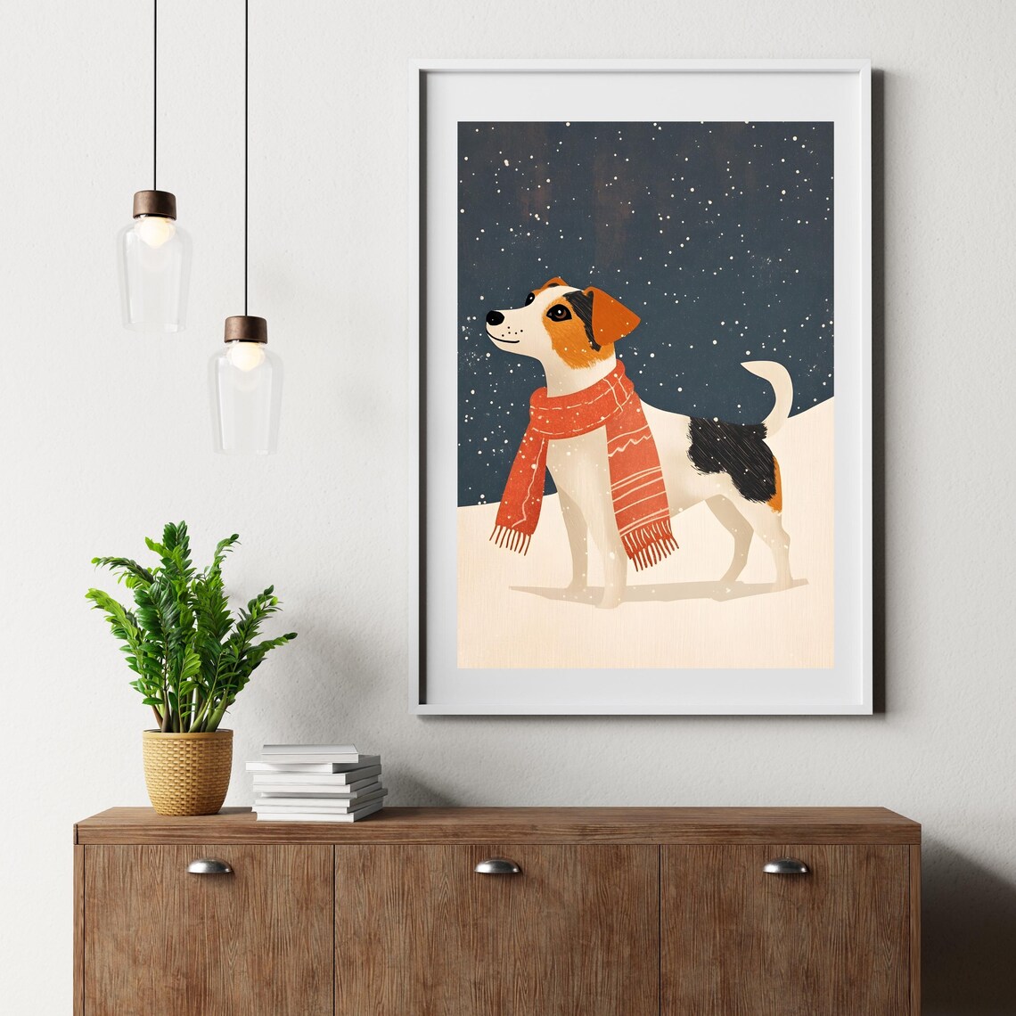 Dog Wearing A Red Scarf Standing In Falling Snow Winter Night Poster - Image 7