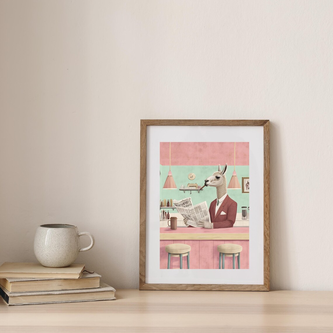 Dapper Llama in a Pinstripe Suit Reading the Newspaper at a Retro Cafe Poster - Image 5