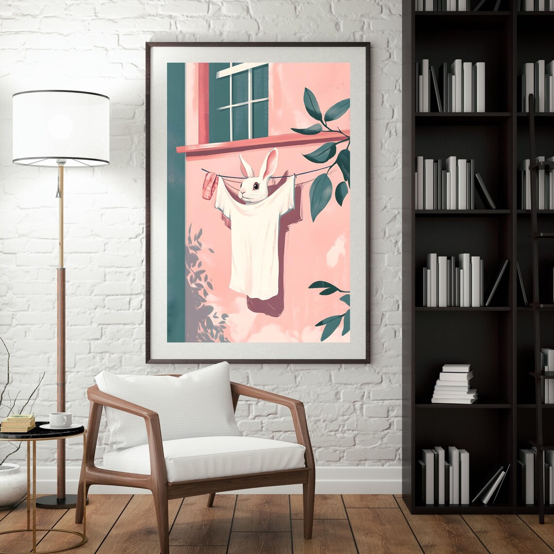 Curious White Rabbit Peeking Through Laundry Drying on a Clothesline Poster - Image 3