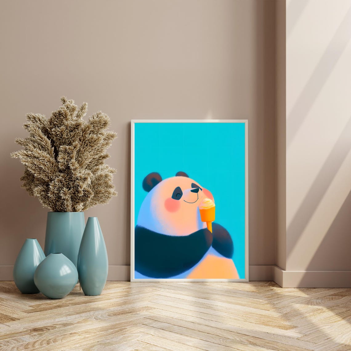Cute Blushing Pink Panda Enjoying Soft Serve Ice Cream Cone Poster - Image 4
