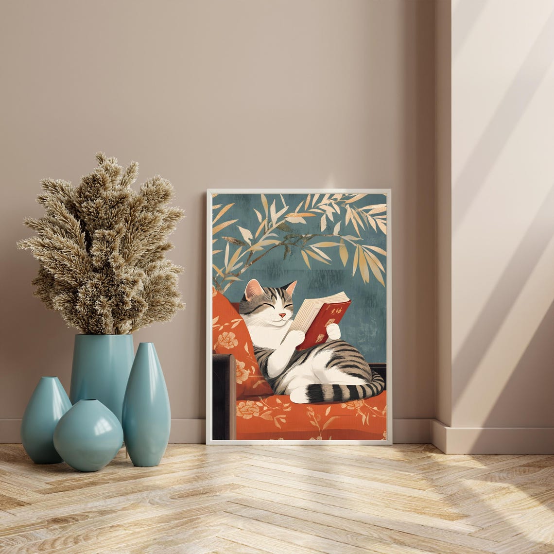 Cat Reading Book Japanese Style Cozy Tabby Animal Nursery Art Poster - Image 8