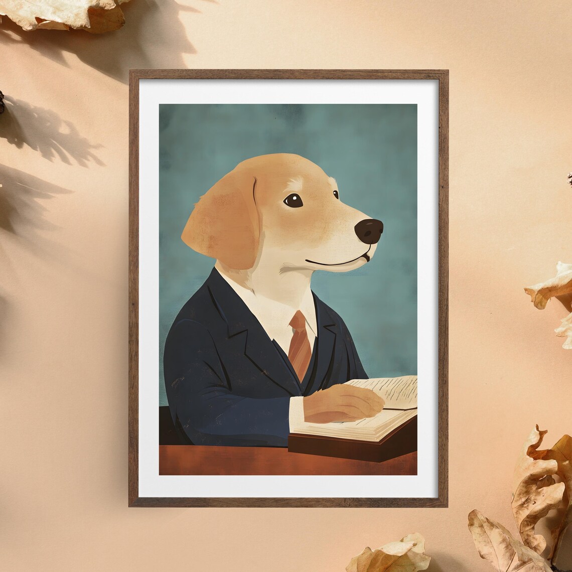 Golden Retriever In A Business Suit Reading At His Desk Poster - Image 5