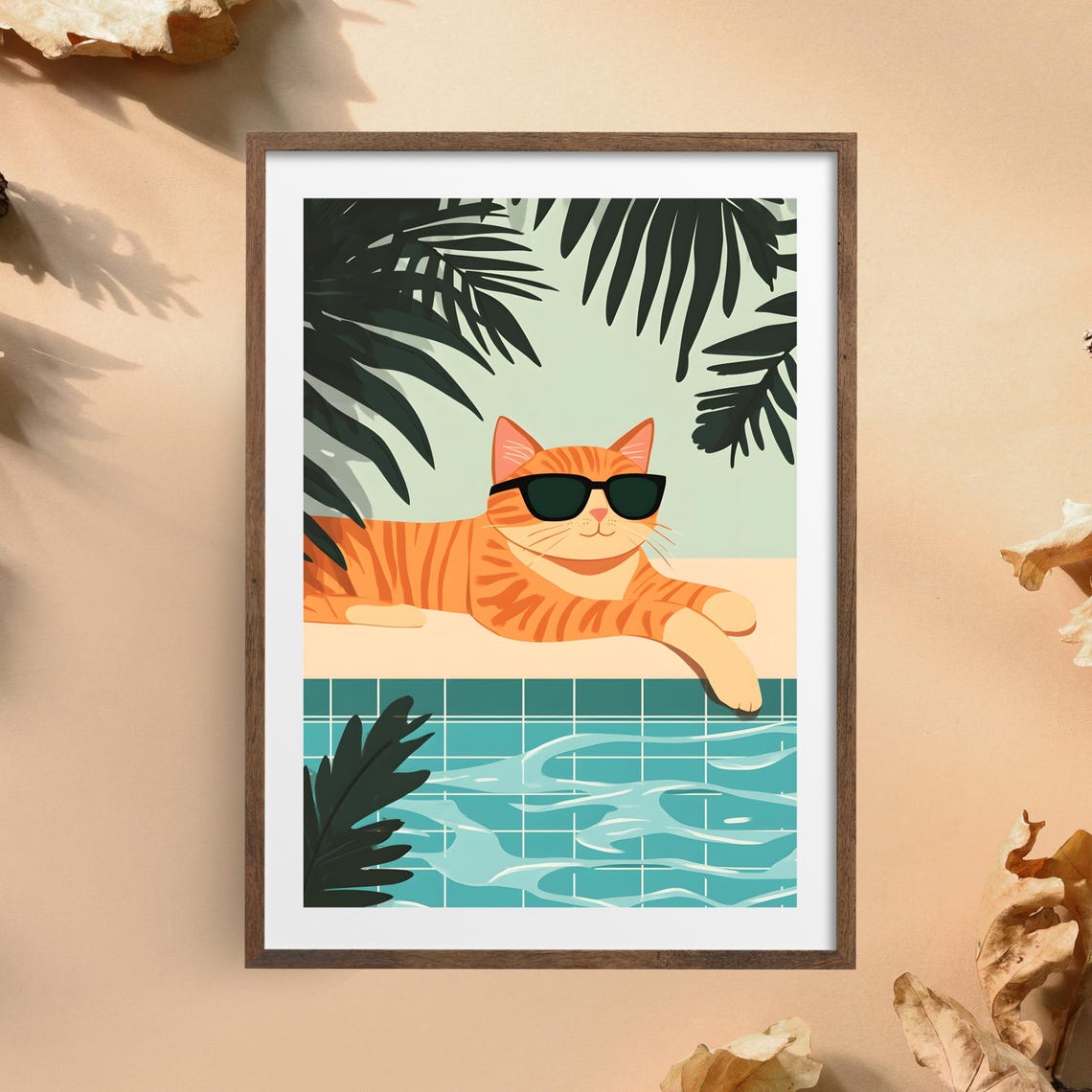 Orange Cat With Sunglasses Lounging by a Tropical Tiled Pool Poster