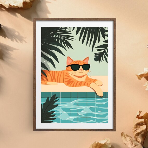 Orange Cat With Sunglasses Lounging by a Tropical Tiled Pool Poster