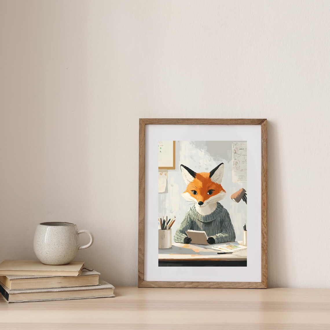 Cozy Fox in a Knit Sweater Reading a Book at a Wooden Desk Poster - Image 7