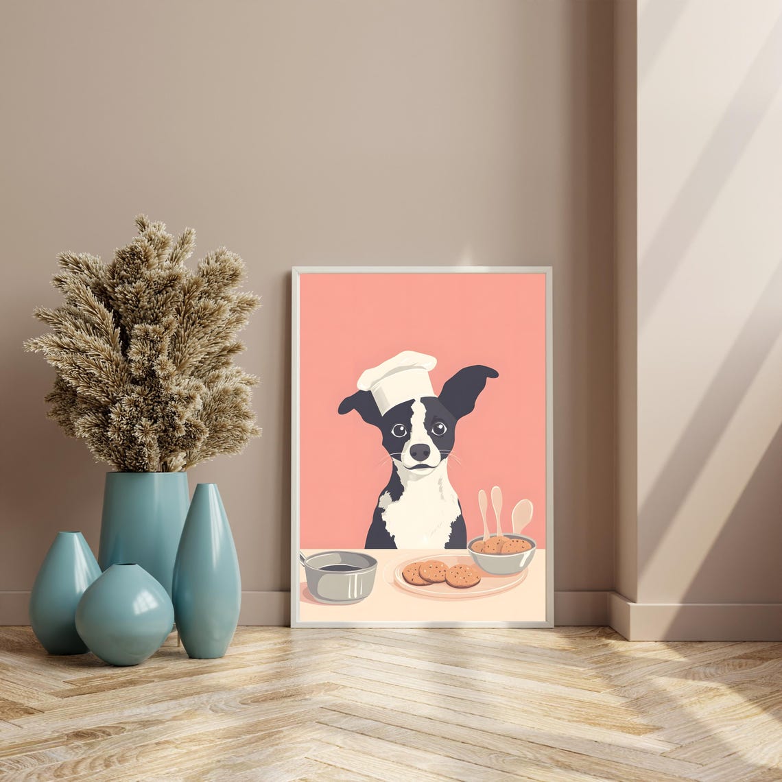 Cute Black and White Dog Chef Baking Cookies in the Kitchen Poster - Image 7