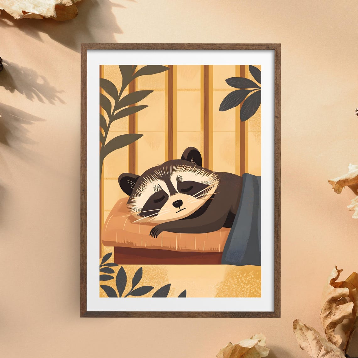 Sleeping Raccoon Napping On A Cushion In Warm Autumn Tones Poster