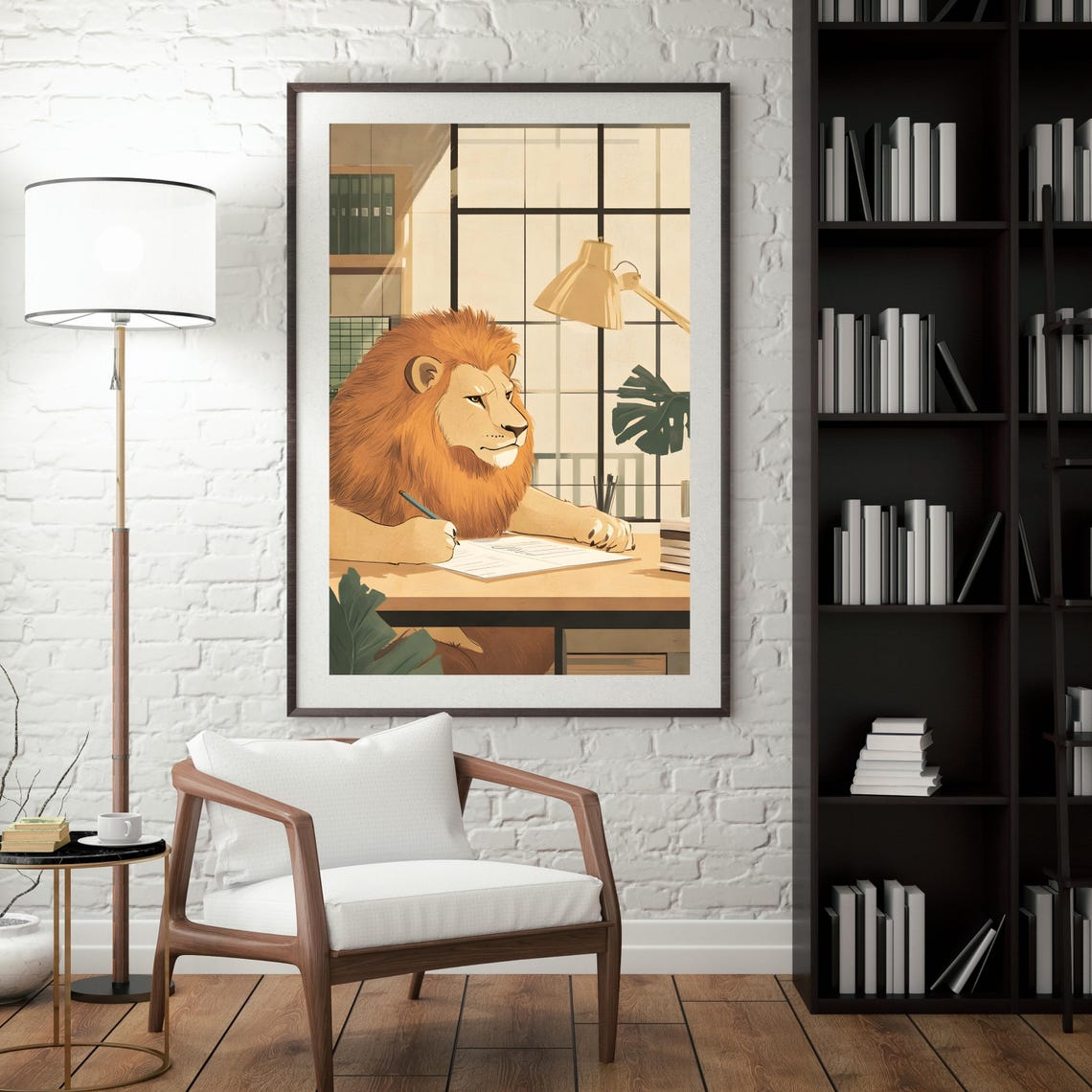 Focused Lion Writing at Office Desk Whimsical Animal Office Poster - Image 3