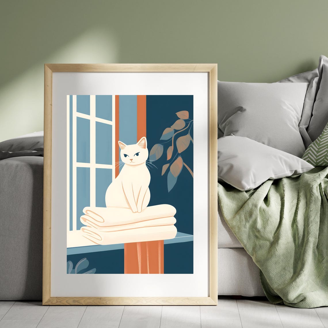 White Cat Sitting On Towels By A Window Mid Century Style Print - Image 7