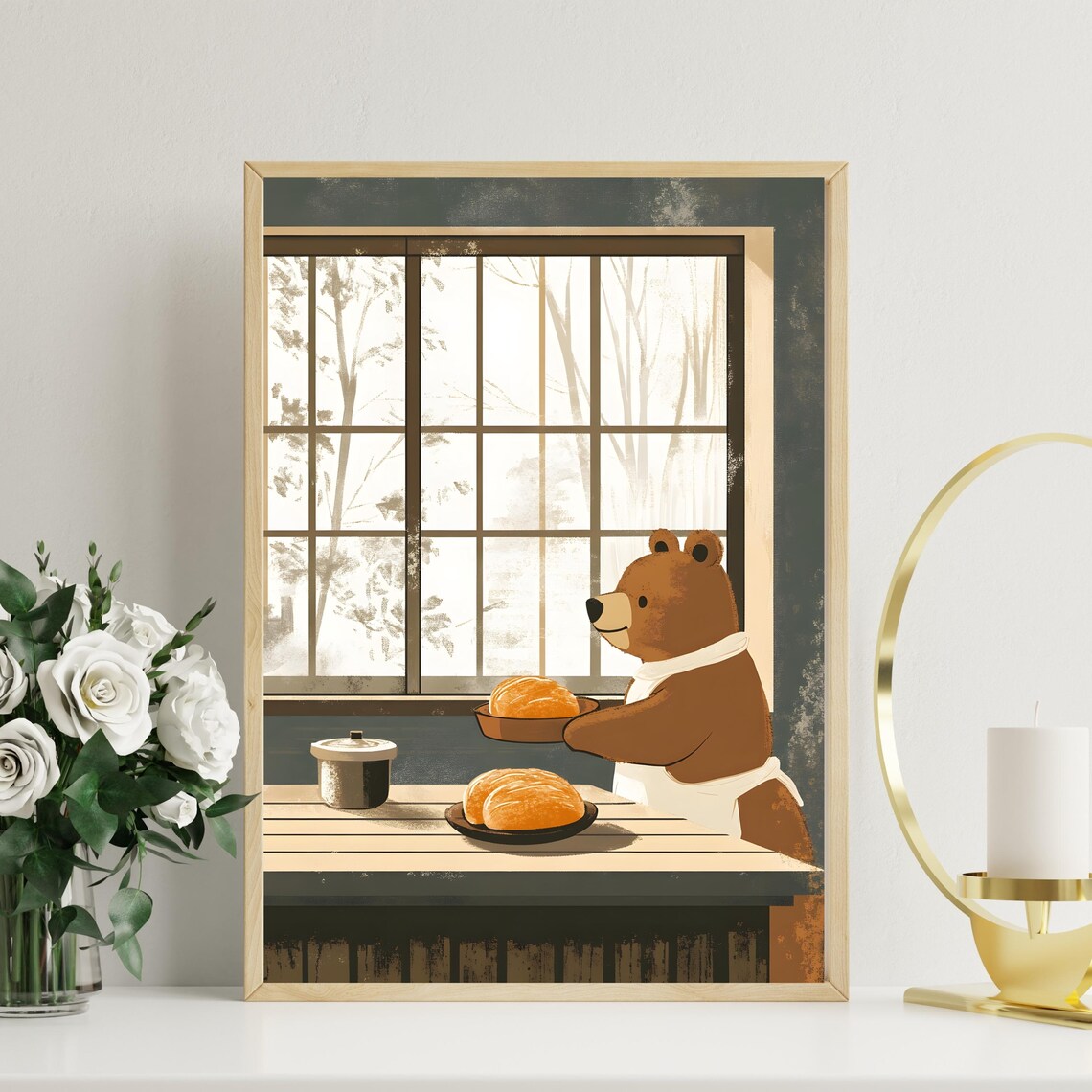Gentle Brown Bear Baker Serving Fresh Bread Rolls at a Rustic Table Poster - Image 2