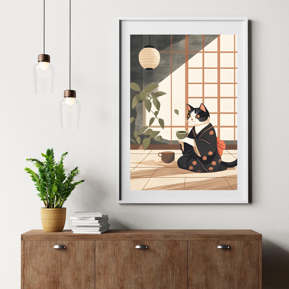 Black and White Cat in Kimono Drinking Tea by Shoji Screen Poster - Image 6