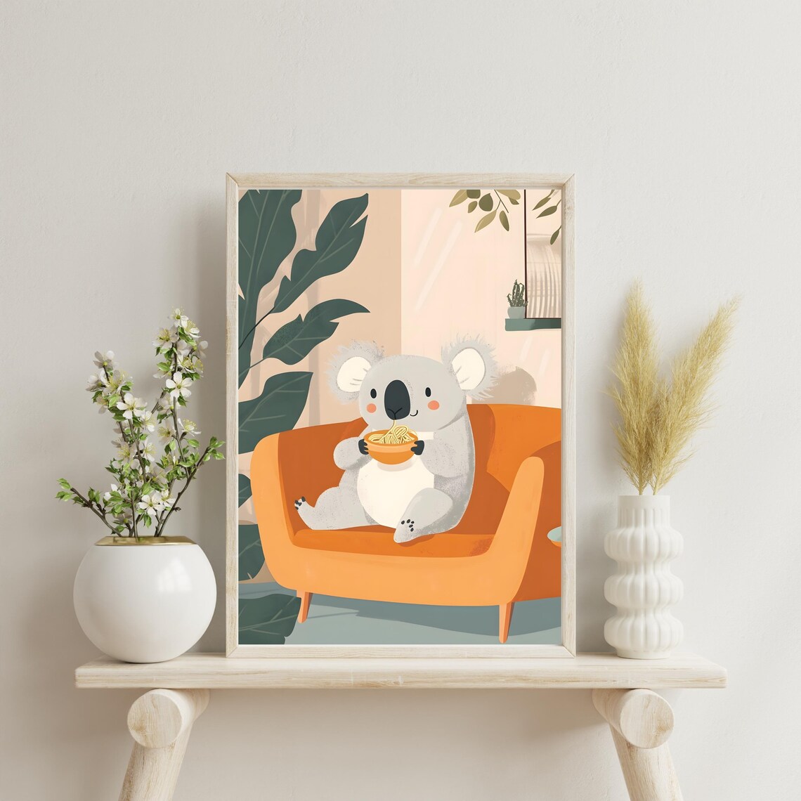 Cute Koala Eating Noodles Orange Couch Cozy Nursery Art Poster - Image 4