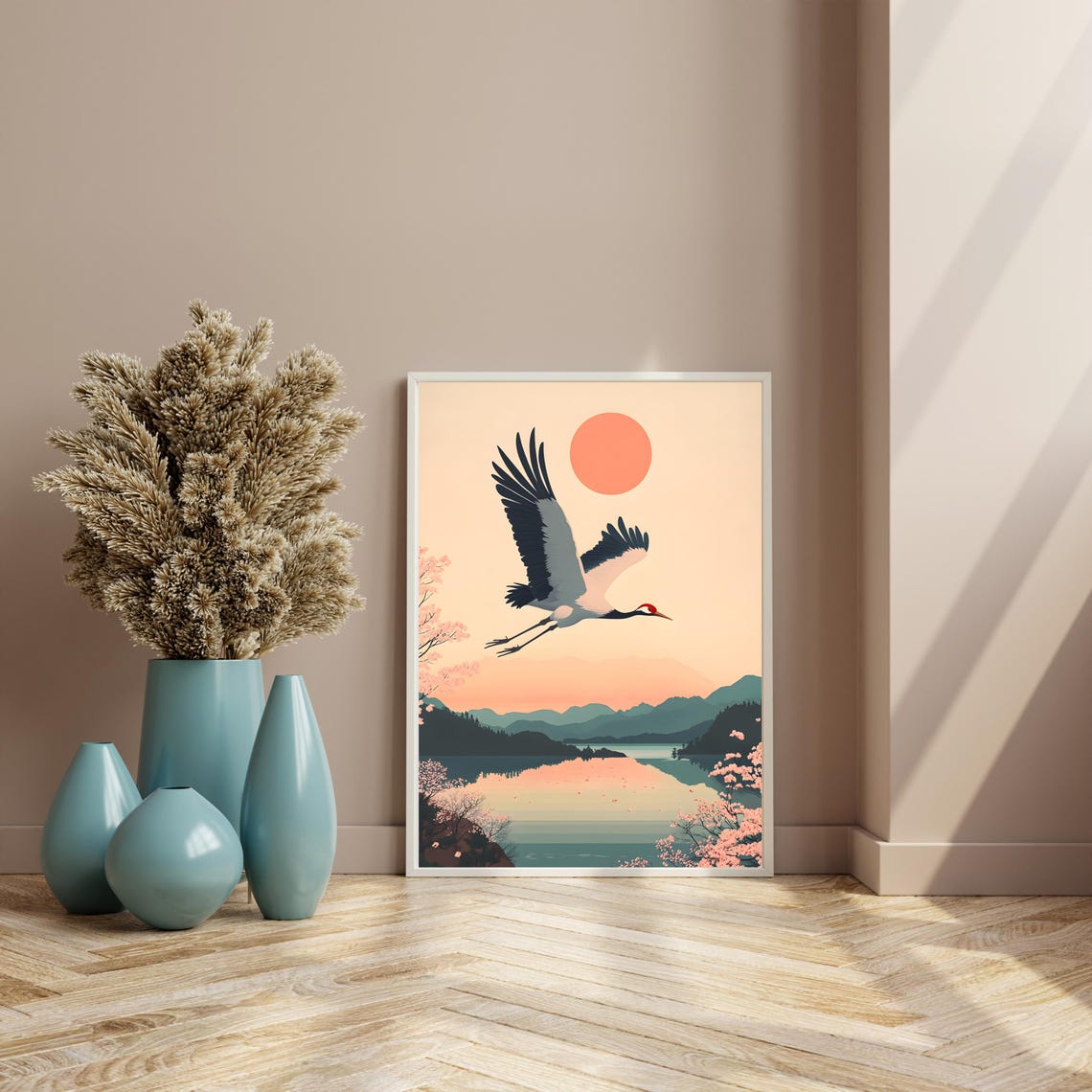Japanese Crane Flying Over a Lake Lined With Cherry Blossoms Poster - Image 3