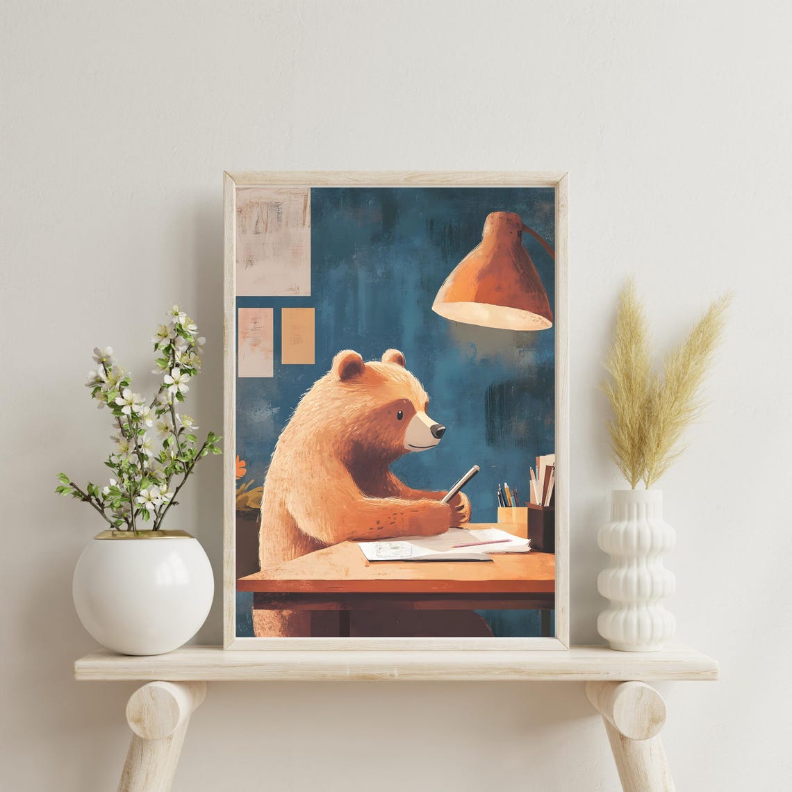 Cute Brown Bear Writing In A Notebook At A Desk Under A Lamp Poster - Image 3