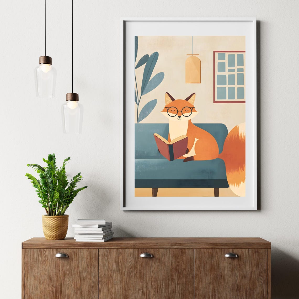 Cozy Fox Reading Book on Teal Sofa Minimalist Illustration Poster - Image 8