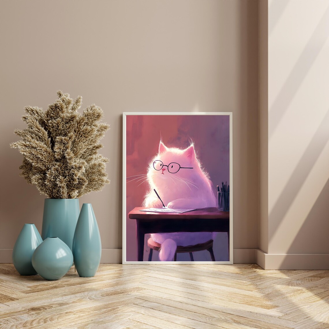 Fluffy White Cat in Glasses Writing at a Wooden Desk in Rose Light Poster - Image 5