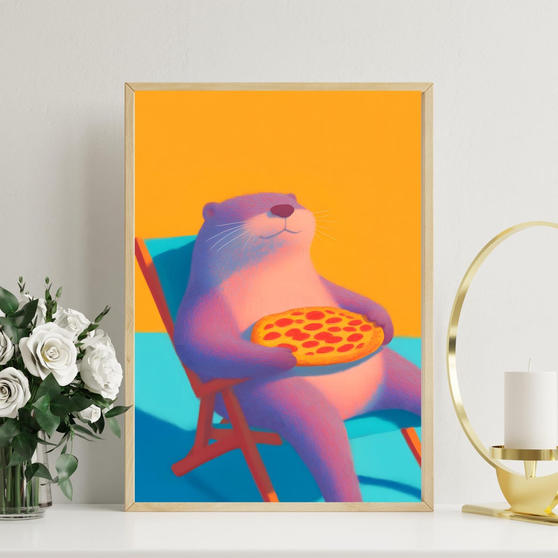 Relaxed Purple Otter Holding Pepperoni Pizza on Beach Chair Poster