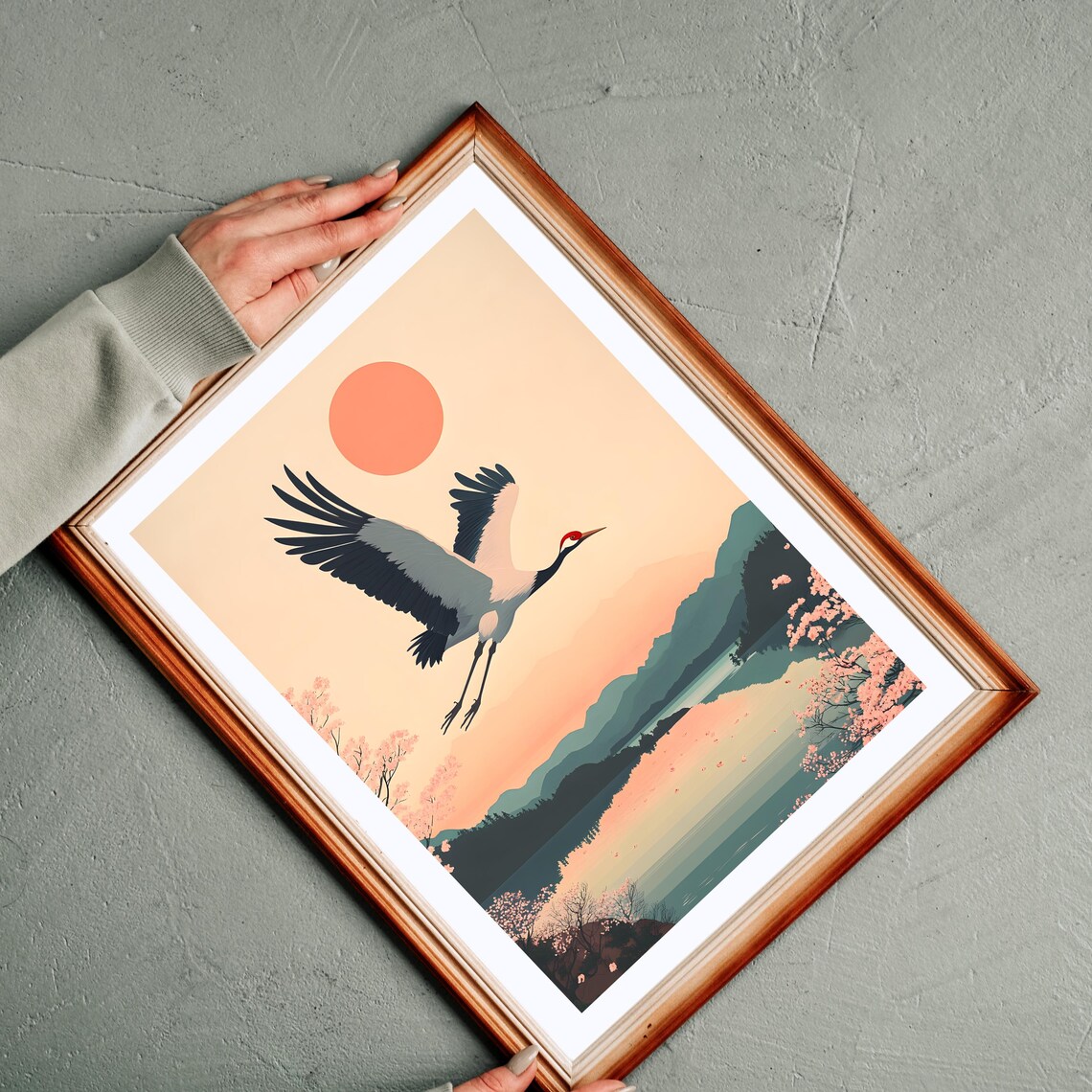 Japanese Crane Flying Over a Lake Lined With Cherry Blossoms Poster - Image 5