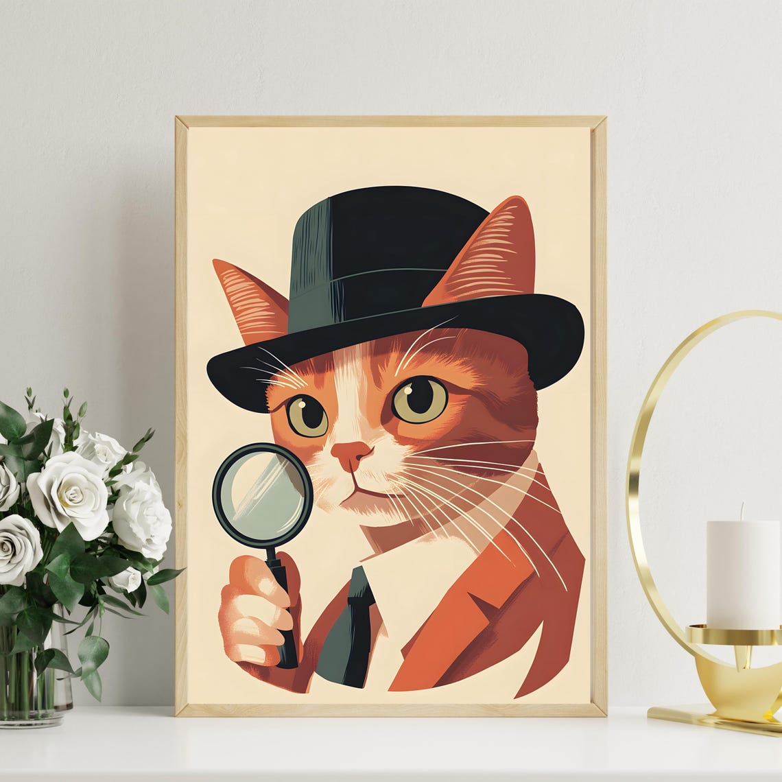 Detective Cat With Magnifying Glass Wearing Fedora Hat Poster - Image 2